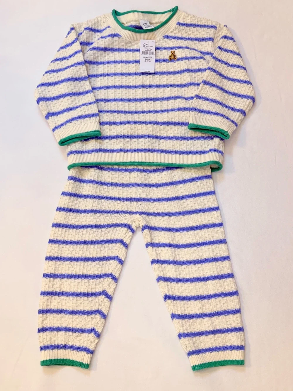 Baby GAP Cream & Lake Blue Striped Cotton Knit Set Kelly Green Detailing 12-18M